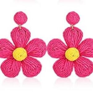 Pink Raffia Flower Drop Earrings